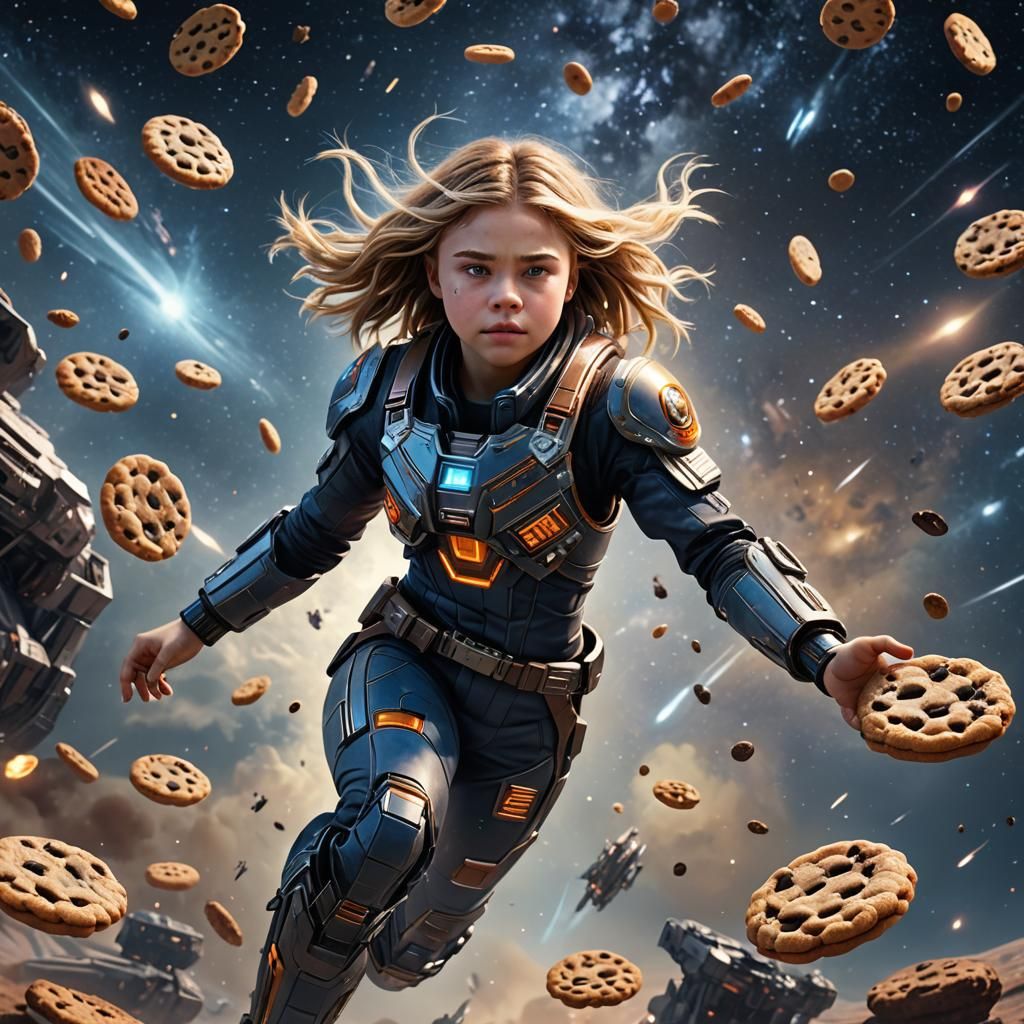 Woman Soaring Through Galaxy Eating Cookie