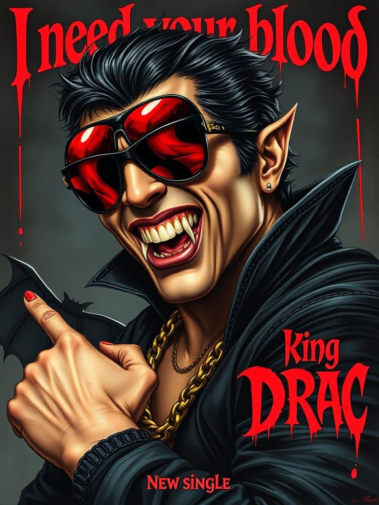 Portrait of Dracula as a superstar rapper; black and red sunglasses; long canines; mischievous smile; ...  by @Didier B