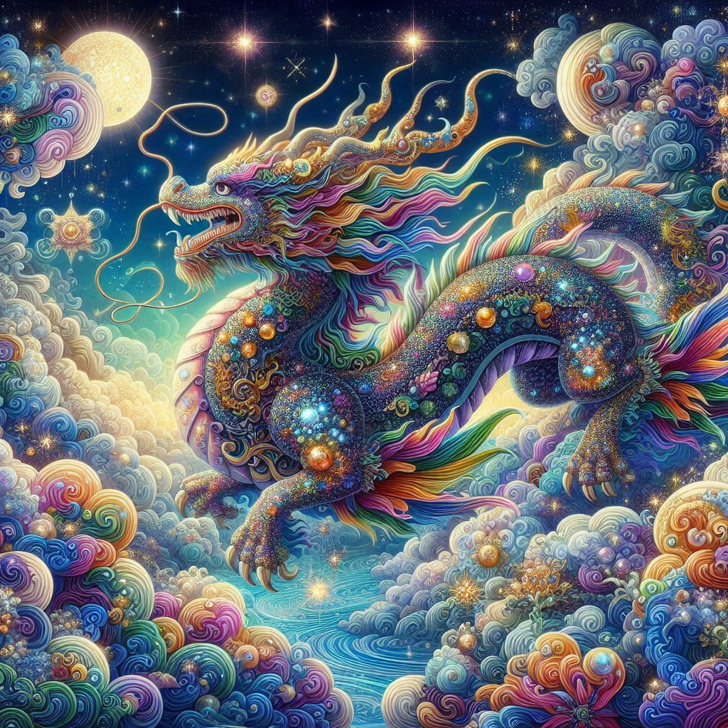 A majestic celestial opalescent gemstone dragon adorned with intricate, colorful details. The scene is richly detailed and bursting with pla...