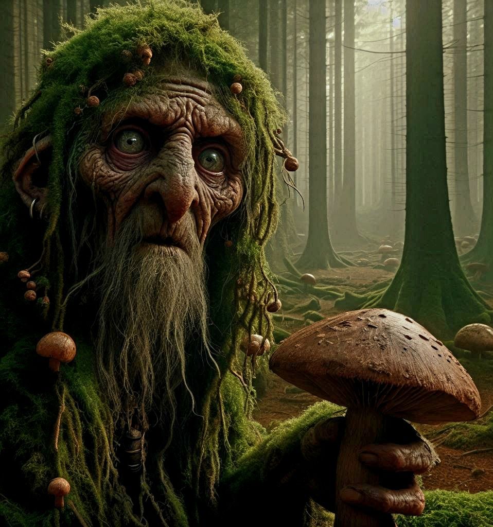 Mushroom harvest. Moss people