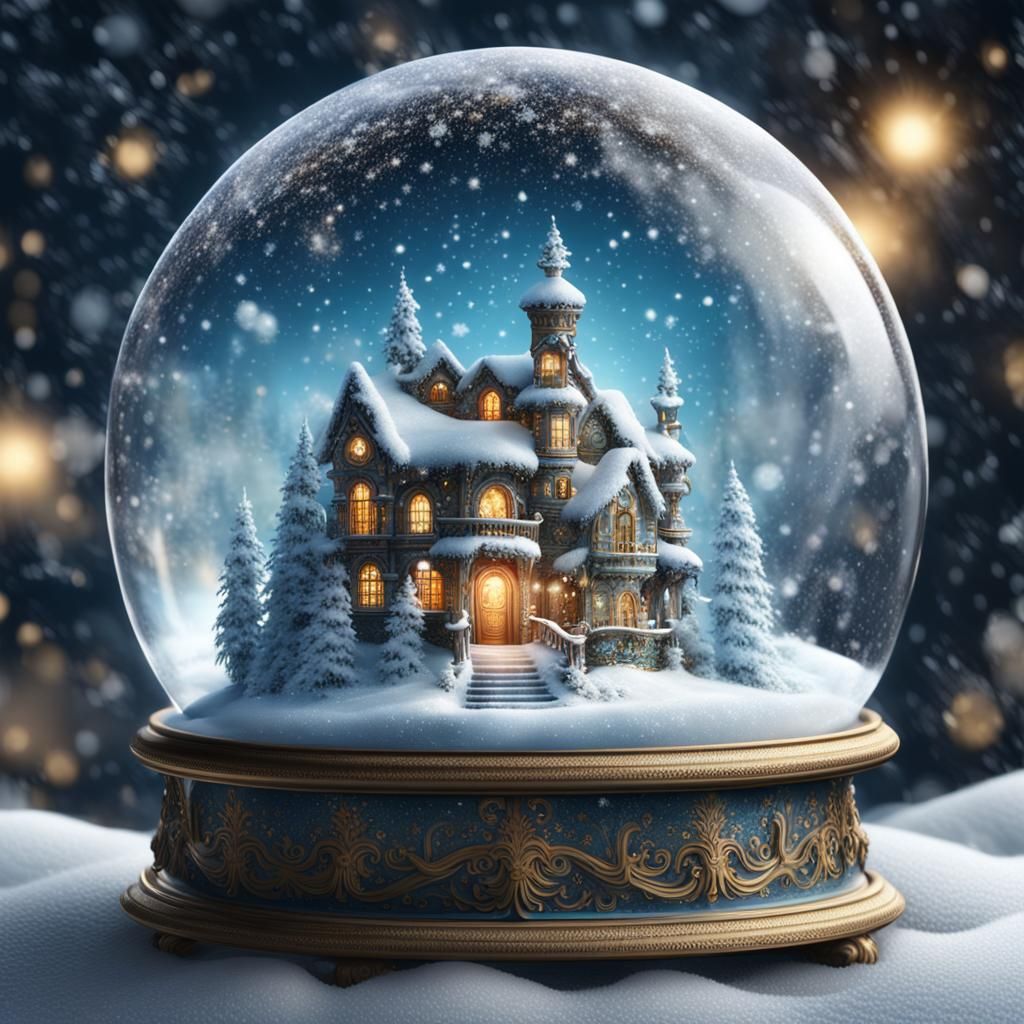 an ornate fairytale snow globe with swirling glittering snow...