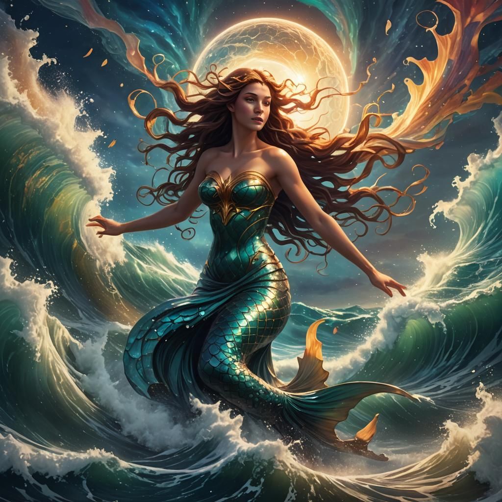 Storybook Illustrations ..A  mermaid emerging from a swirlin...