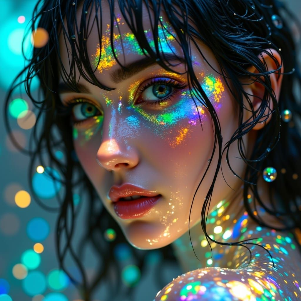 <lora:Digital shimmer:1.0> A holographic  photo of woman bathed in iridescent volumetric rainwater  by @Legolas