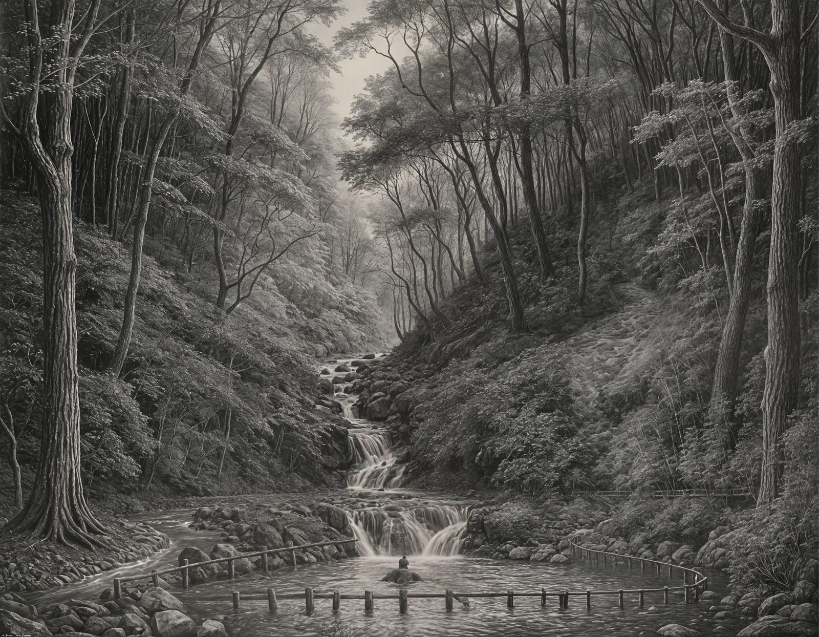 Man Swimming in Dark Forest River: Charcoal Drawing