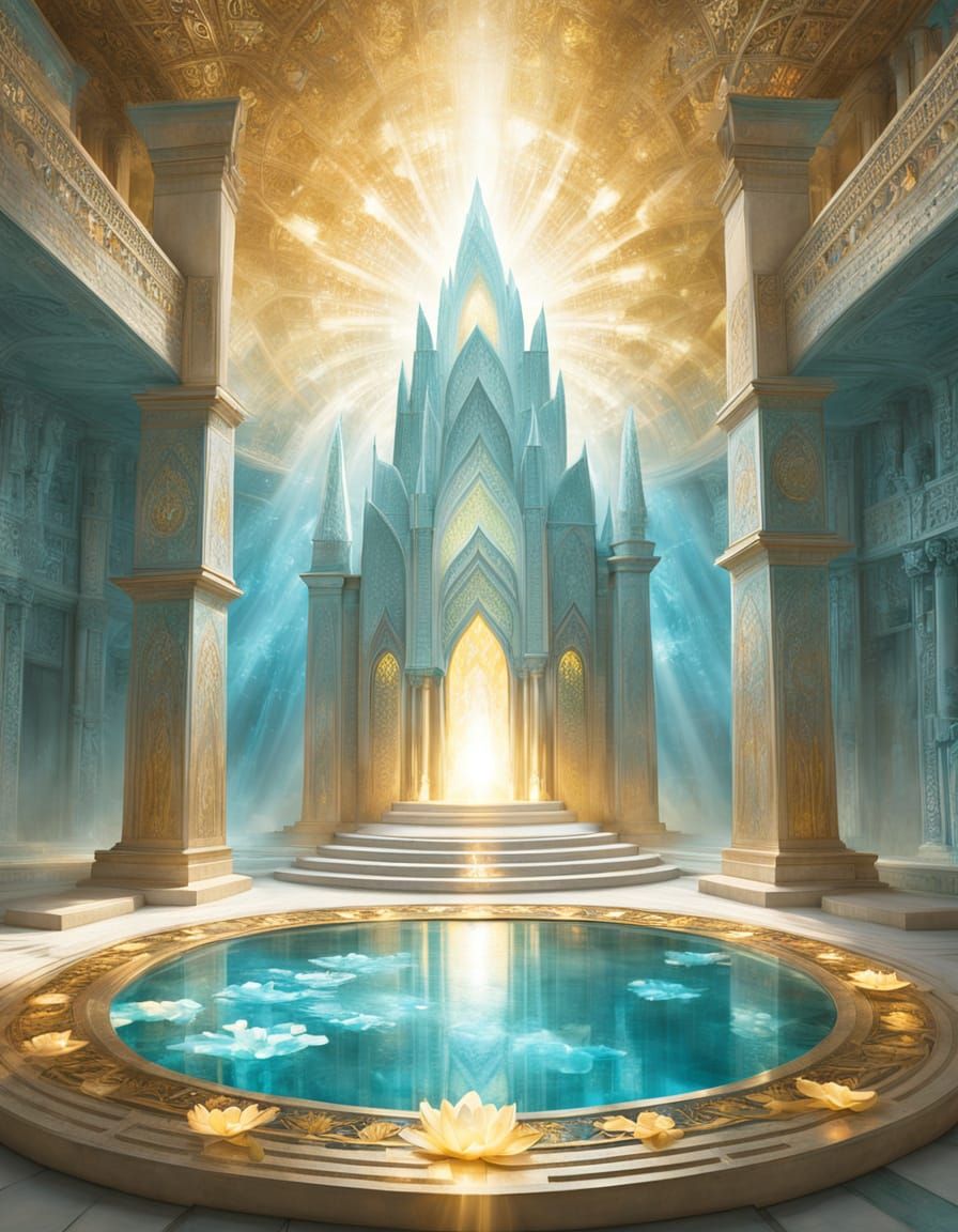 Inside a grand Lemurian crystal temple shaped like a lotus blossom, walls of translucent crystal shimmer with inner light, casting rainbow r...