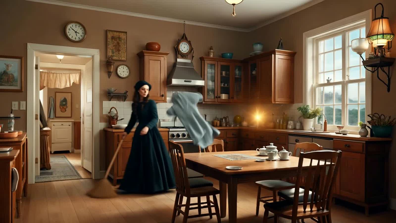 Cinematic video of a cozy cottage kitchen where everyday chores transform into living magic — enchanted brooms glide rhy...