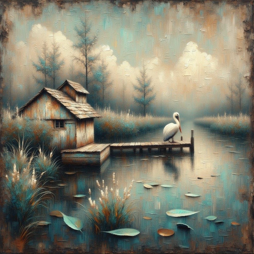 <lora:Grungy Impasto:1.1> pelican on a pier with an old fishing shack grungy textured gritty acrylic oil Impasto Impasto oil in the style of...
