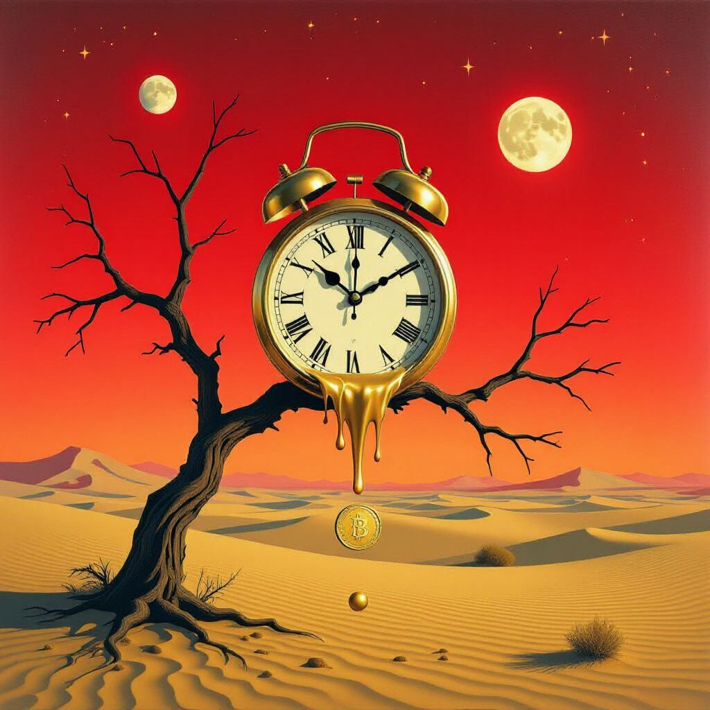 Surrealism. A melting clock draped over a barren tree branch, with a single gold coin falling from its face. The background is a vast desert...