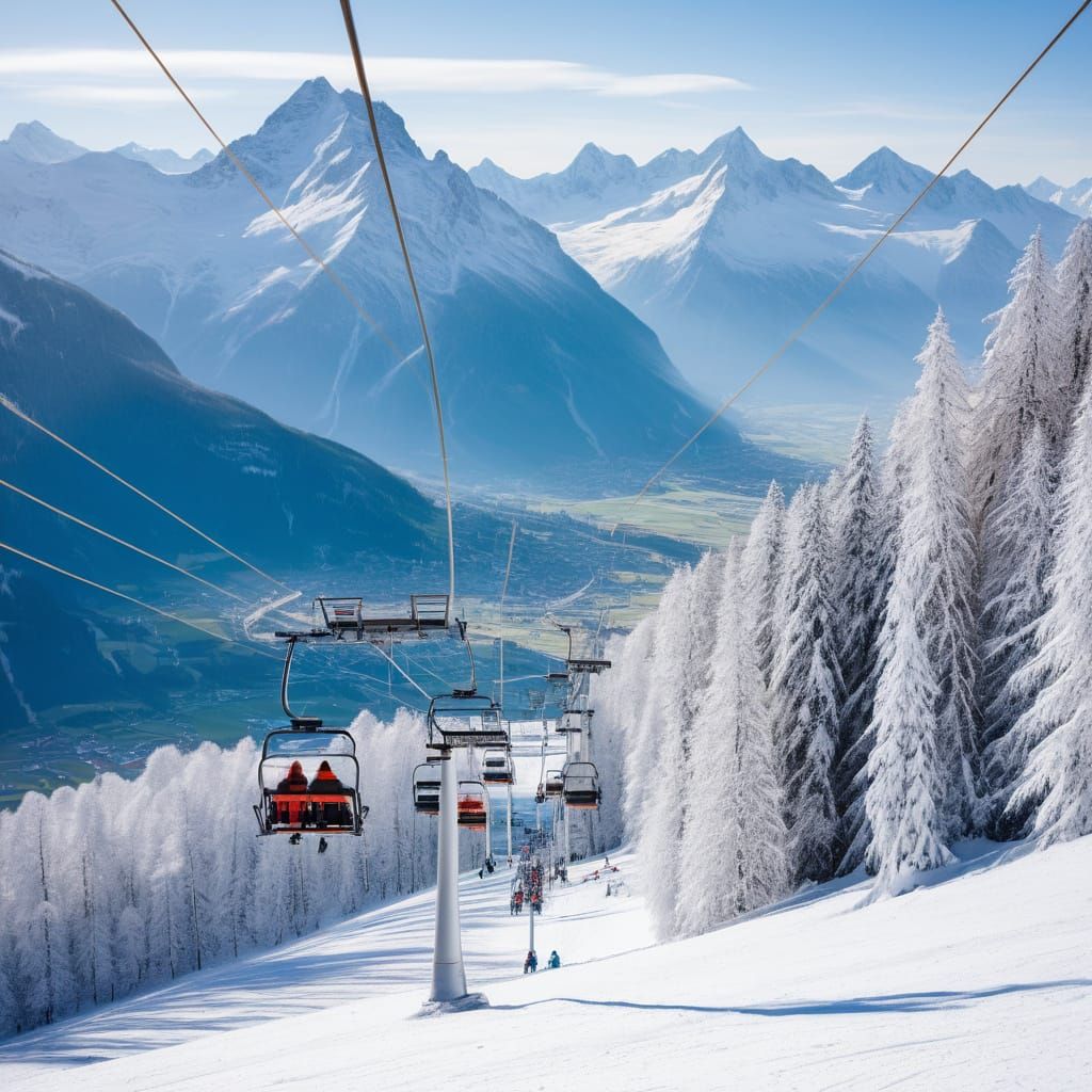 a ski lift in the Swiss Alps with people skiing below the ski lift  by @Anonymous Dinosaur