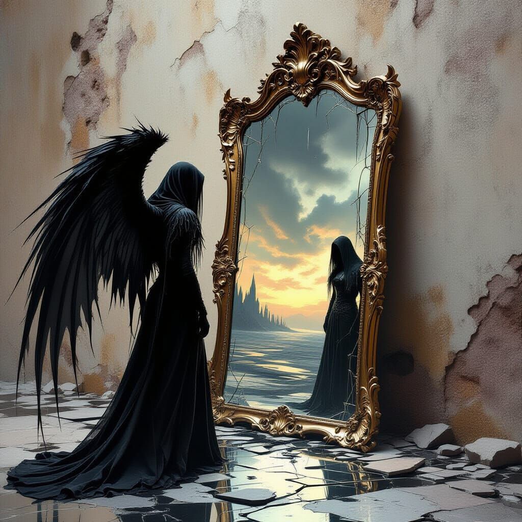 A lone, spectral figure, resembling a fallen angel with tattered wings, stands at the edge of a shattered ...  by @Cc86