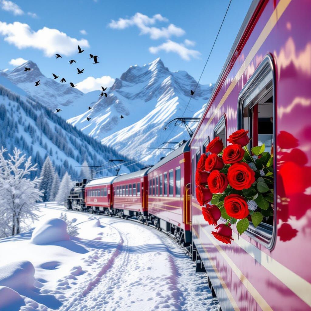 A hyper-realistic, highly detailed mountain landscape. At the foot of the snowy mountains, a bright red train moves along the railway, surro...