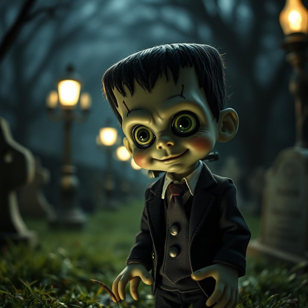 view of a cute mini frankenstein, cute, cute, fluffy, cute eyes, child