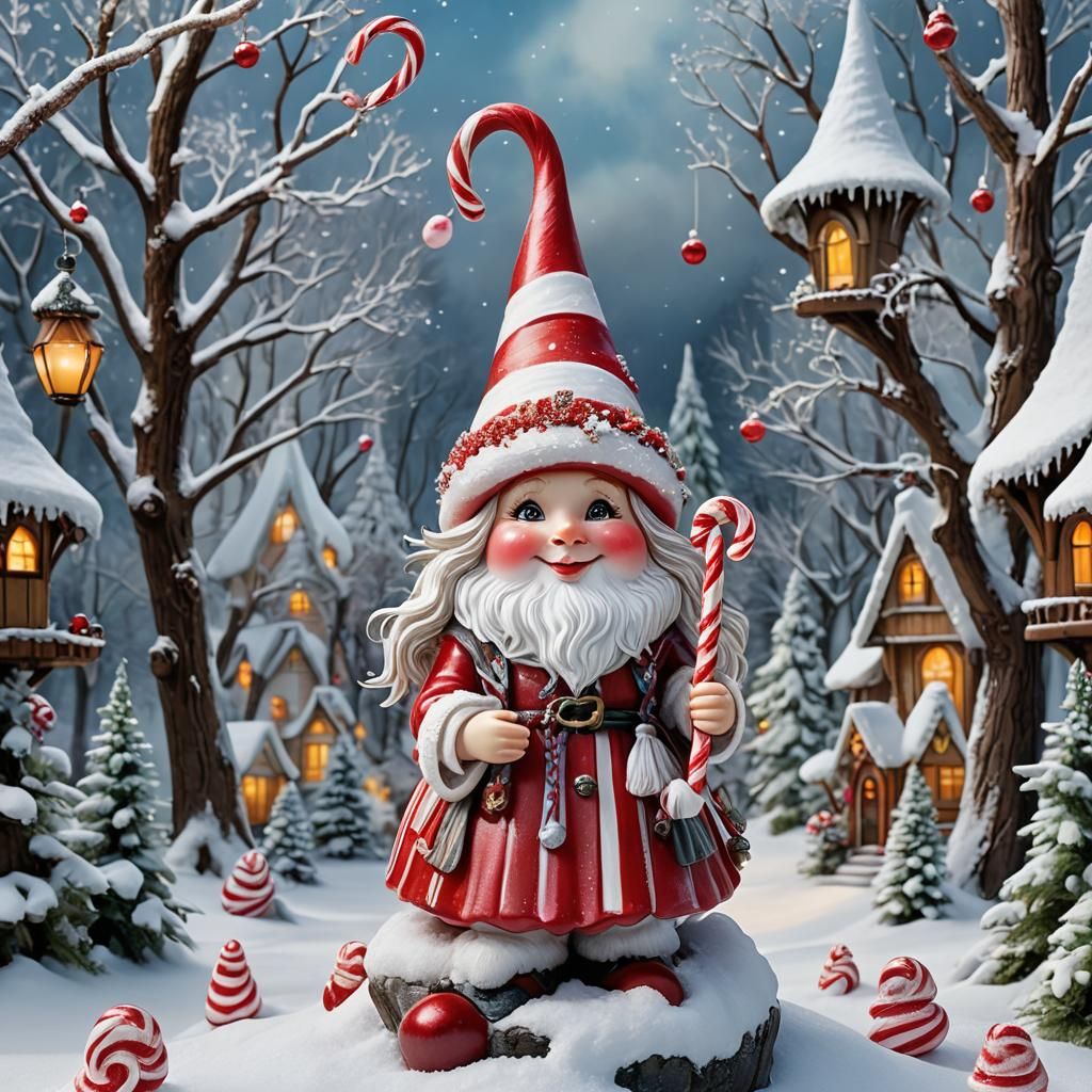 A female gnome wearing a red and white striped hat. She is  holding a candy cane. 