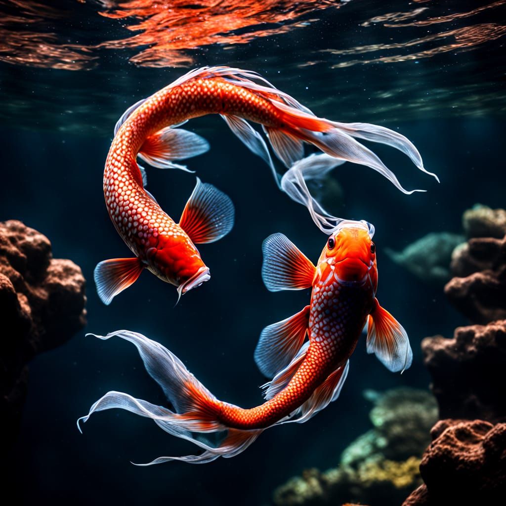  two ryukin veil tail fish swimming in circles (zodiac pisces)  by @Terryke