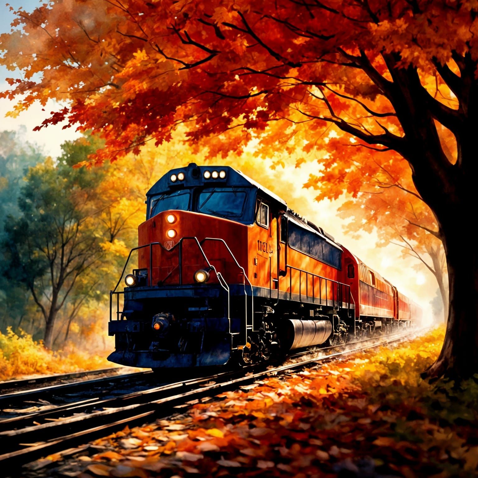 Train Engineer Drives Through Autumn Trees in Vibrant Oil Pa...