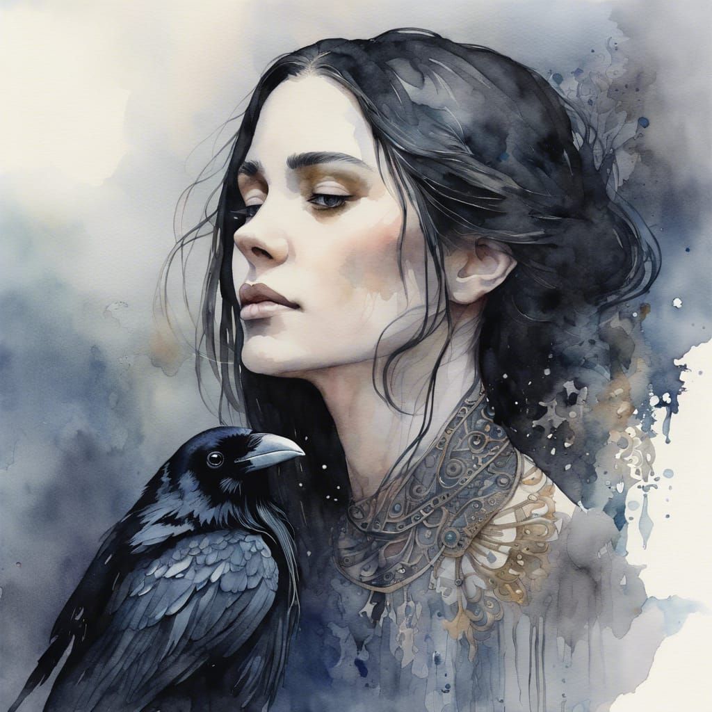 <lora:Dreamy Watercolor:1.0> Intricately detailed 16k watercolor head and shoulders portrait of raven haired woman, hyperdetailed, ethereal,...