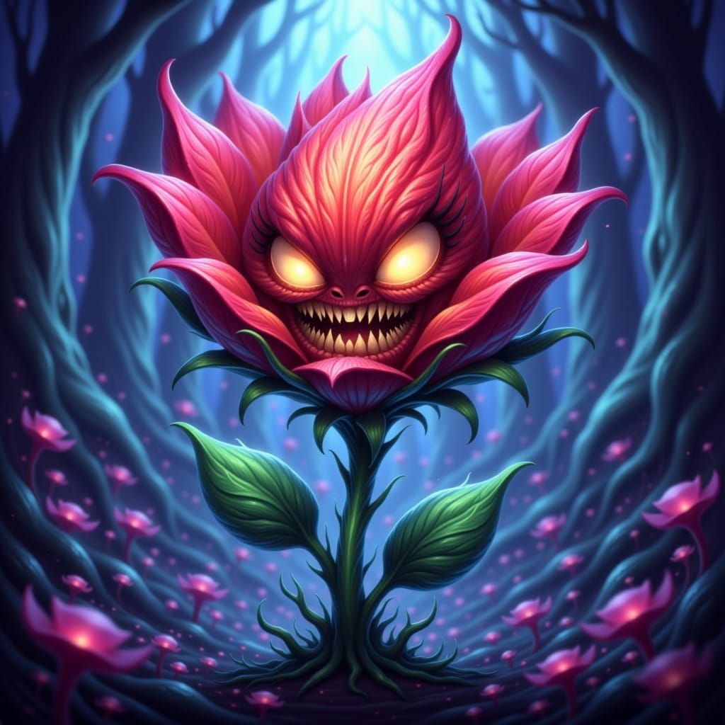 A menacing cartoon flower with sharp teeth and glowing, expr...