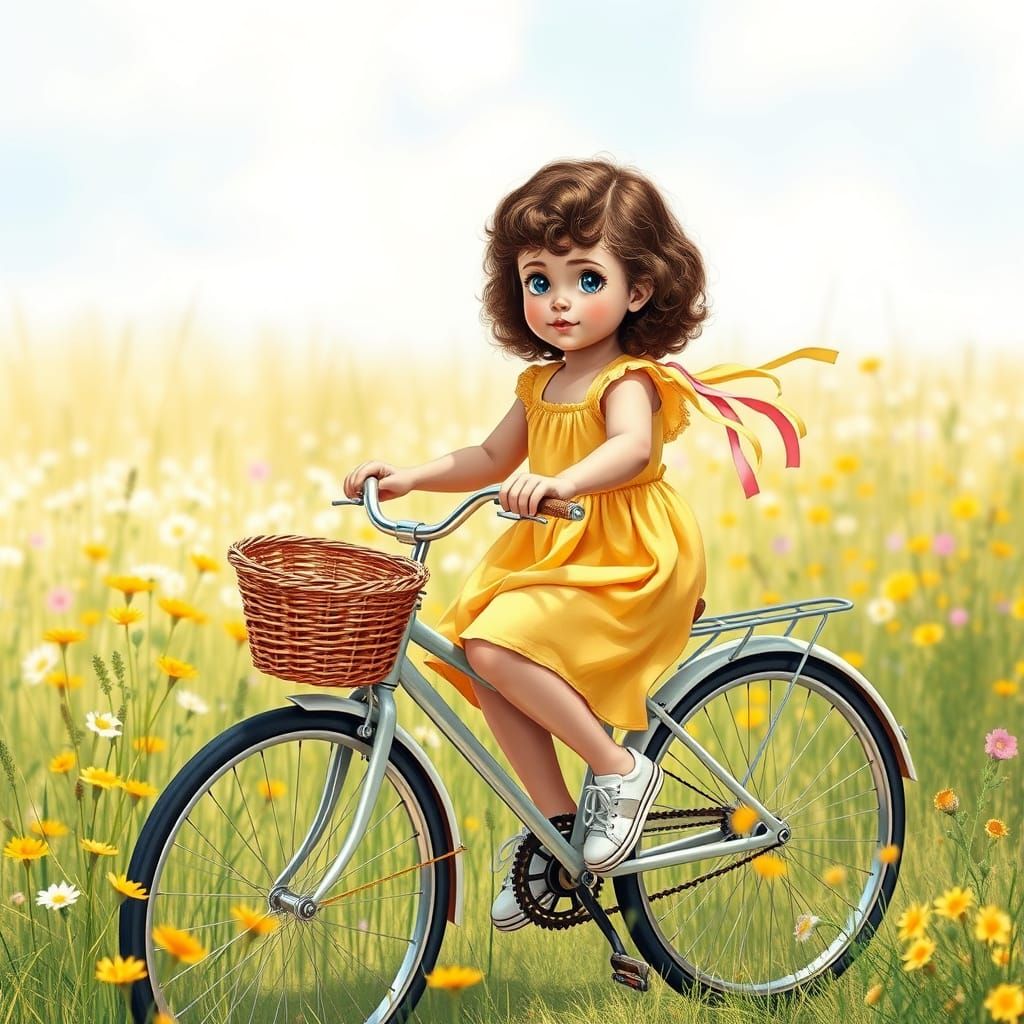 Girl Riding Vintage Bicycle in a Sunny Meadow