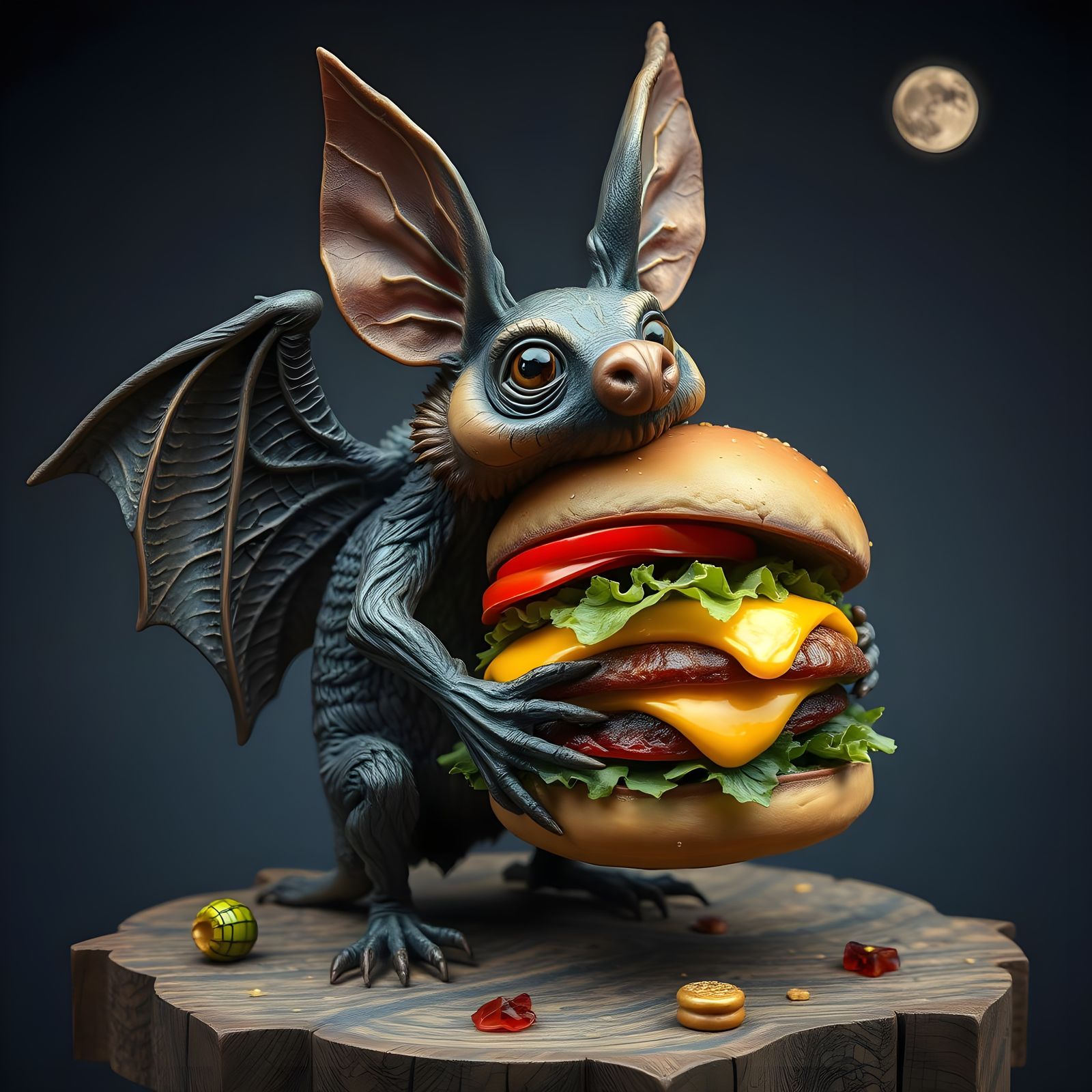 A bat with a cheeseburger.