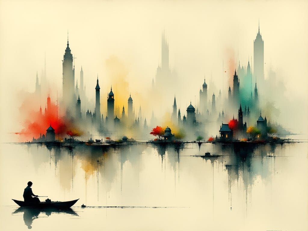 A vast, serene lake reflects a sky filled with floating islands  by @Qeir63