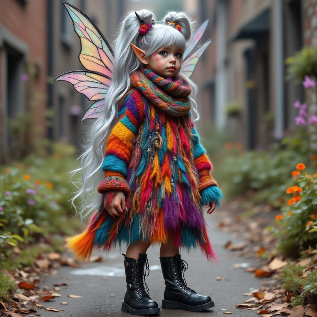 <lora:kak-ModernFairy:1.0>Toddler Fairy with modern wool colorful oversized dress and punk boots