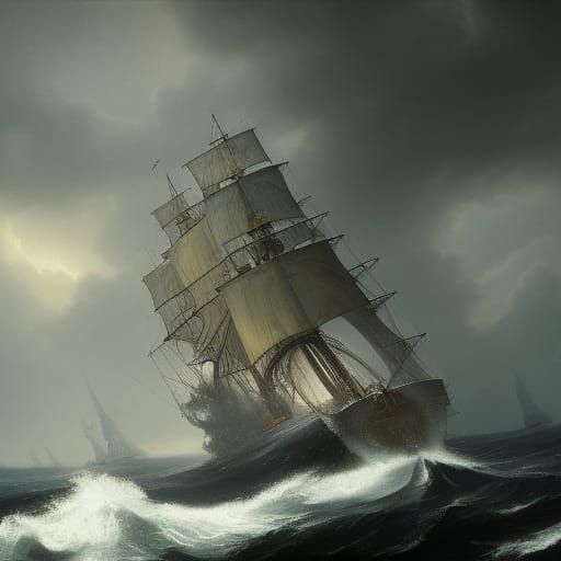 Clipper sailship in Rough sea approaching a storm on the Atlantic Ocean ...