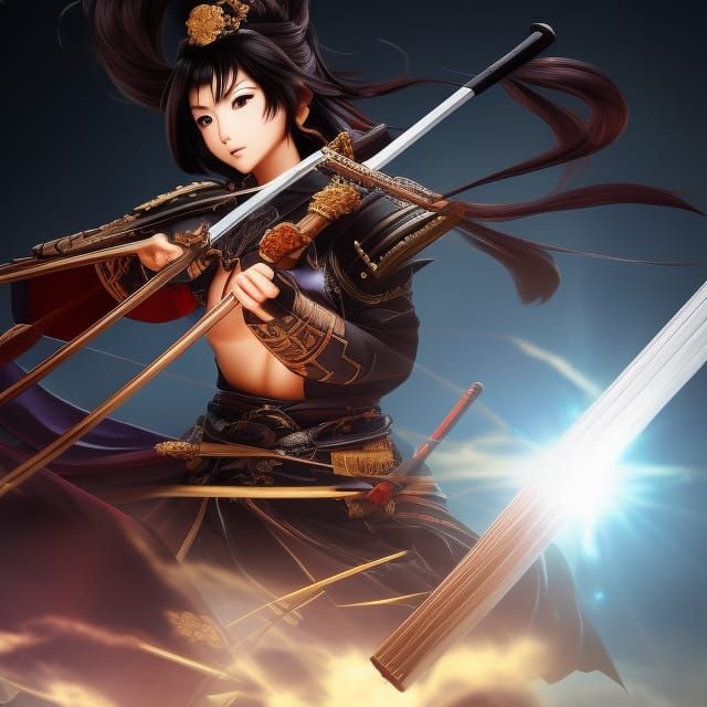 KREA - highly detailed beautiful photo of madison beer as a young female  samurai, swinging her sword, symmetrical face, beautiful eyes, cobalt blue  hair, realistic anime art style, 8 k, award winning
