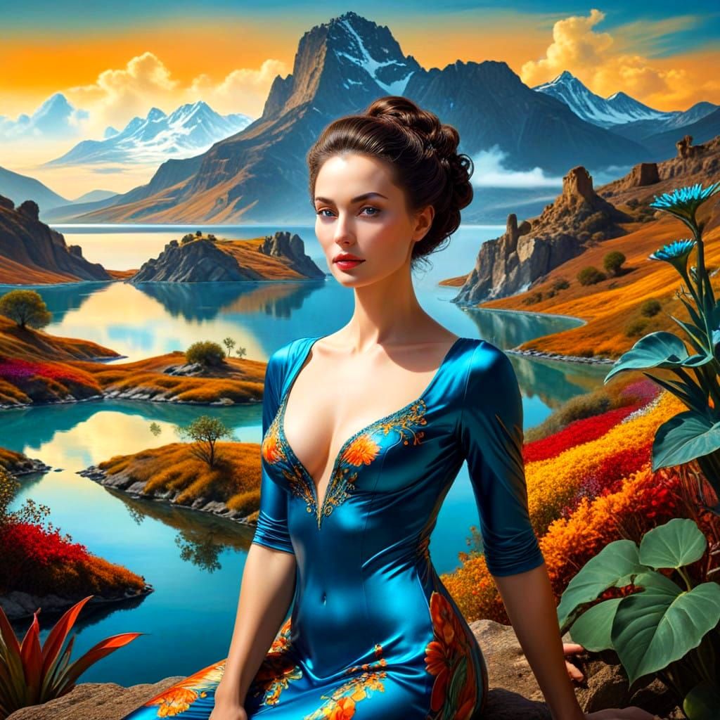 Surreal Beauty: Elegant Woman in Vibrant Surroundings