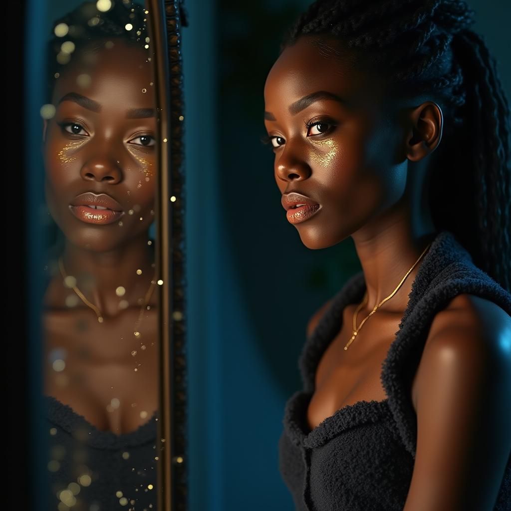 eyes crying gold tears staring at her reflection. with lips ...