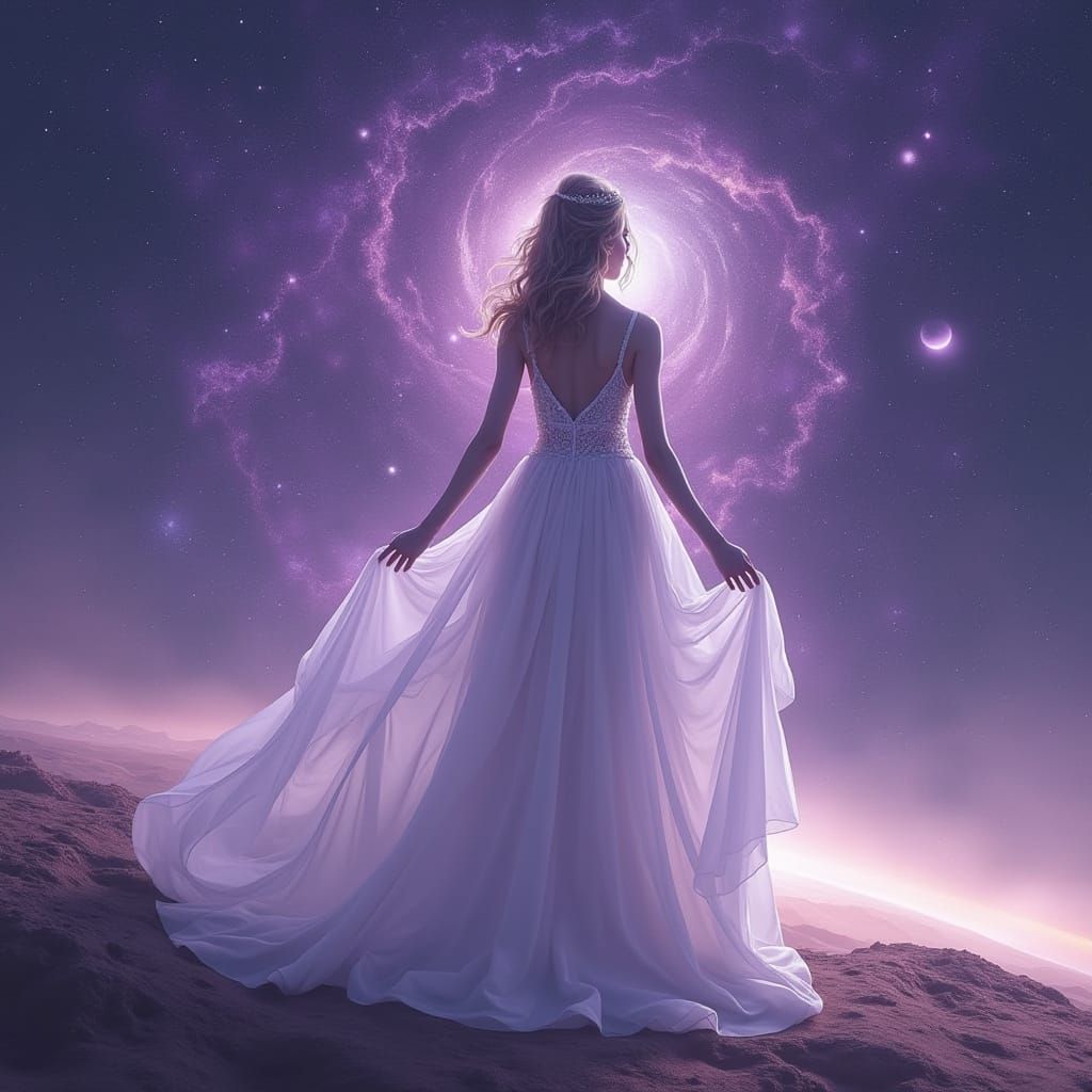 Cosmic Goddess in a Dreamlike Nebula Landscape