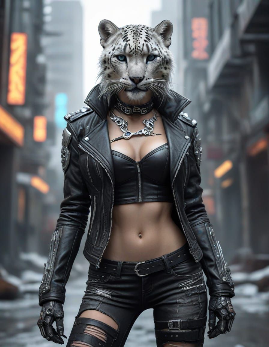 A photo of a cyberpunk female snow leopard with complex cybernetic implants standing defiantly in a futuristic post-apocalyptic metropolis. ...