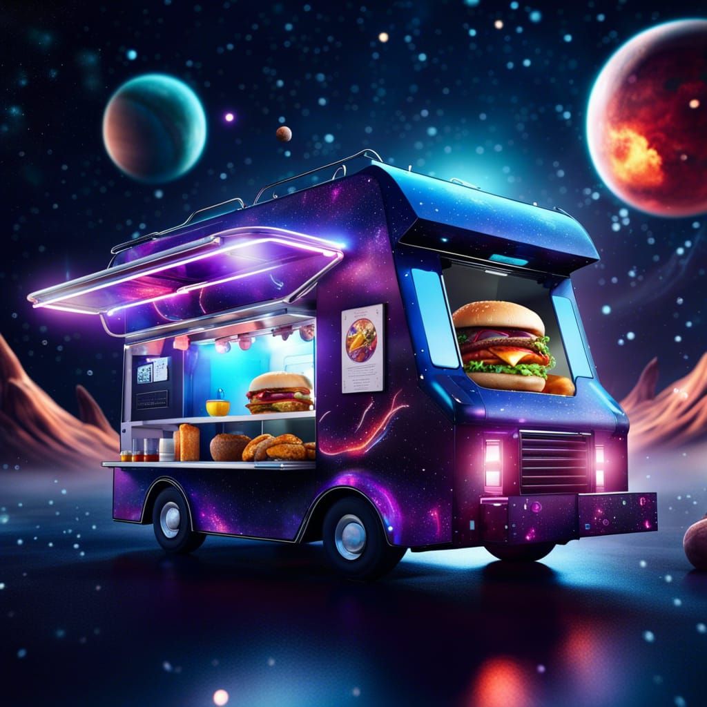Futuristic flying food truck in space in galaxy background detailed