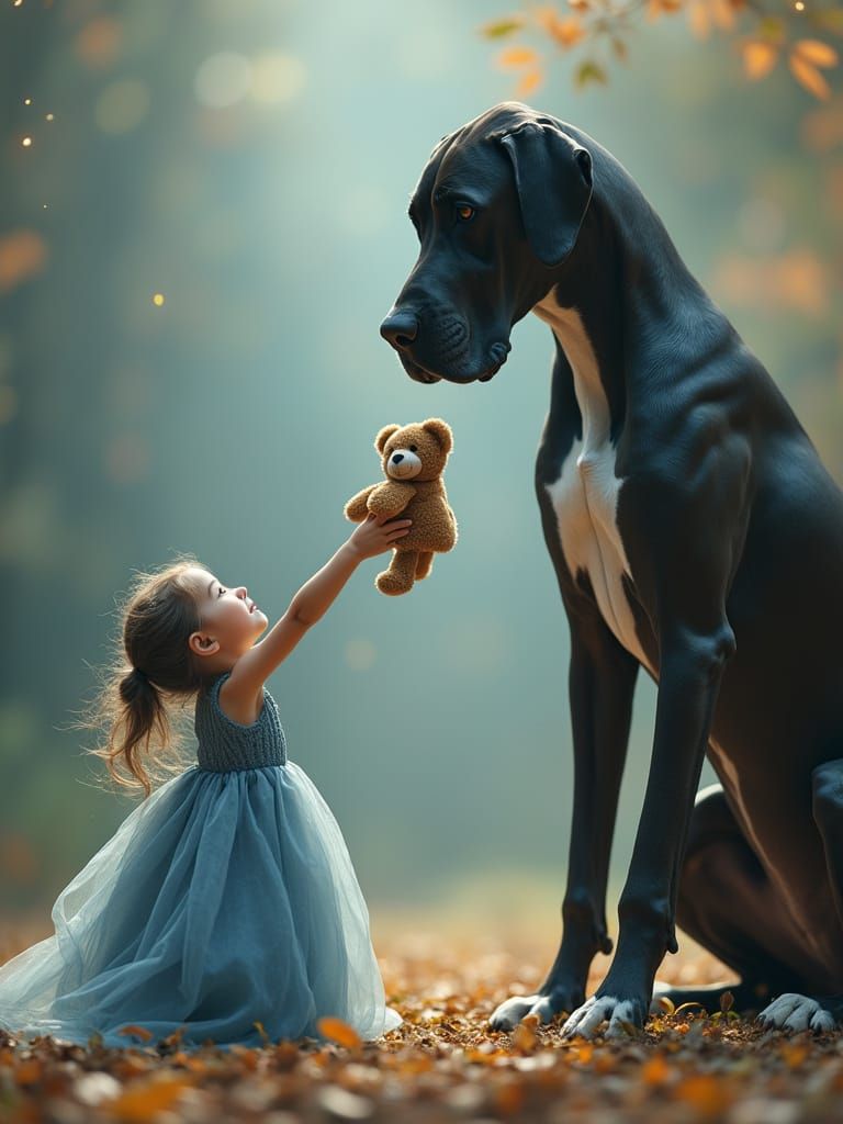 girl waves teddy. dog leans down to smell teddy.