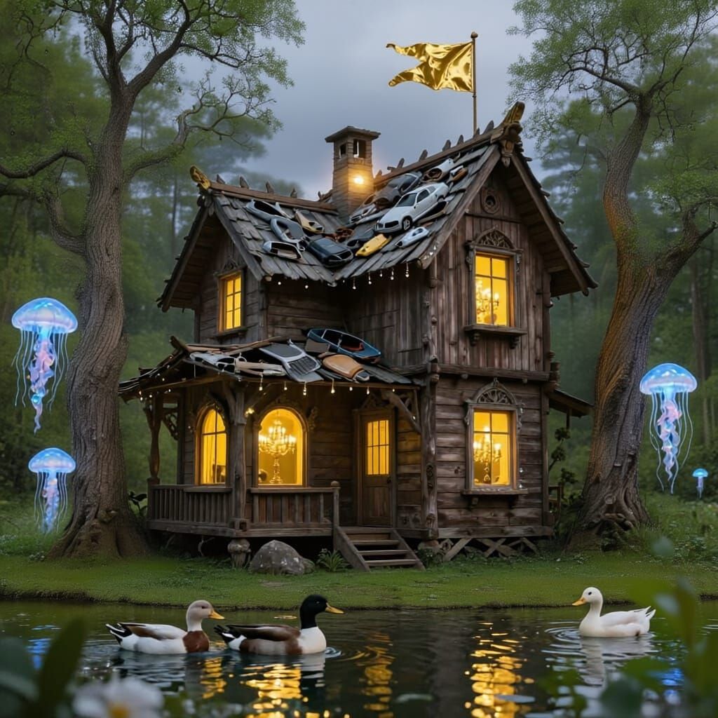 Fantasy Carved Wooden House with Car Part Roof