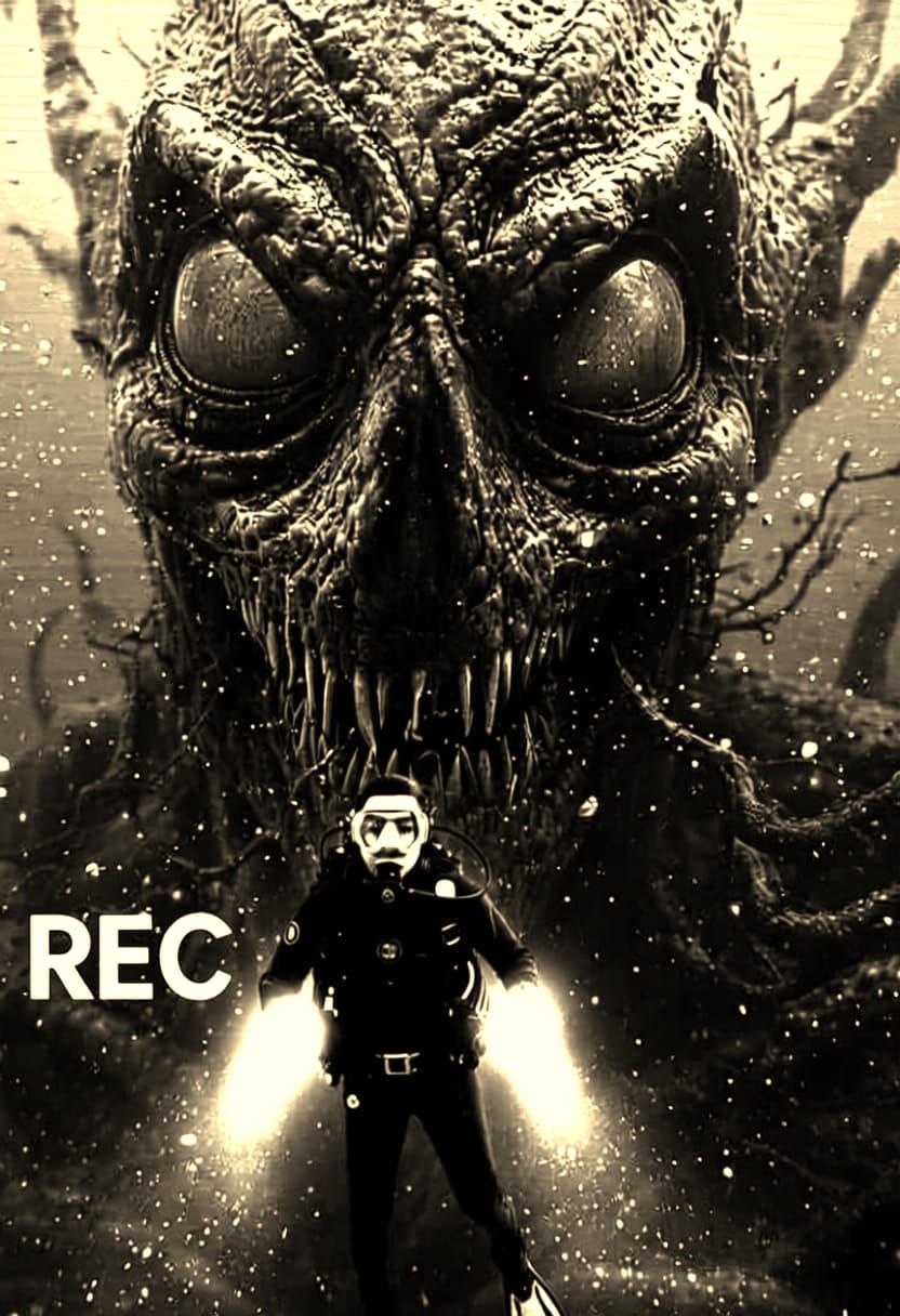 Scary Vintage Black and white style thalassophobia horror REC image of a terrified Scuba diver cornered by the bloop sea monster while out in the middle of the Pacific Ocean underwater 