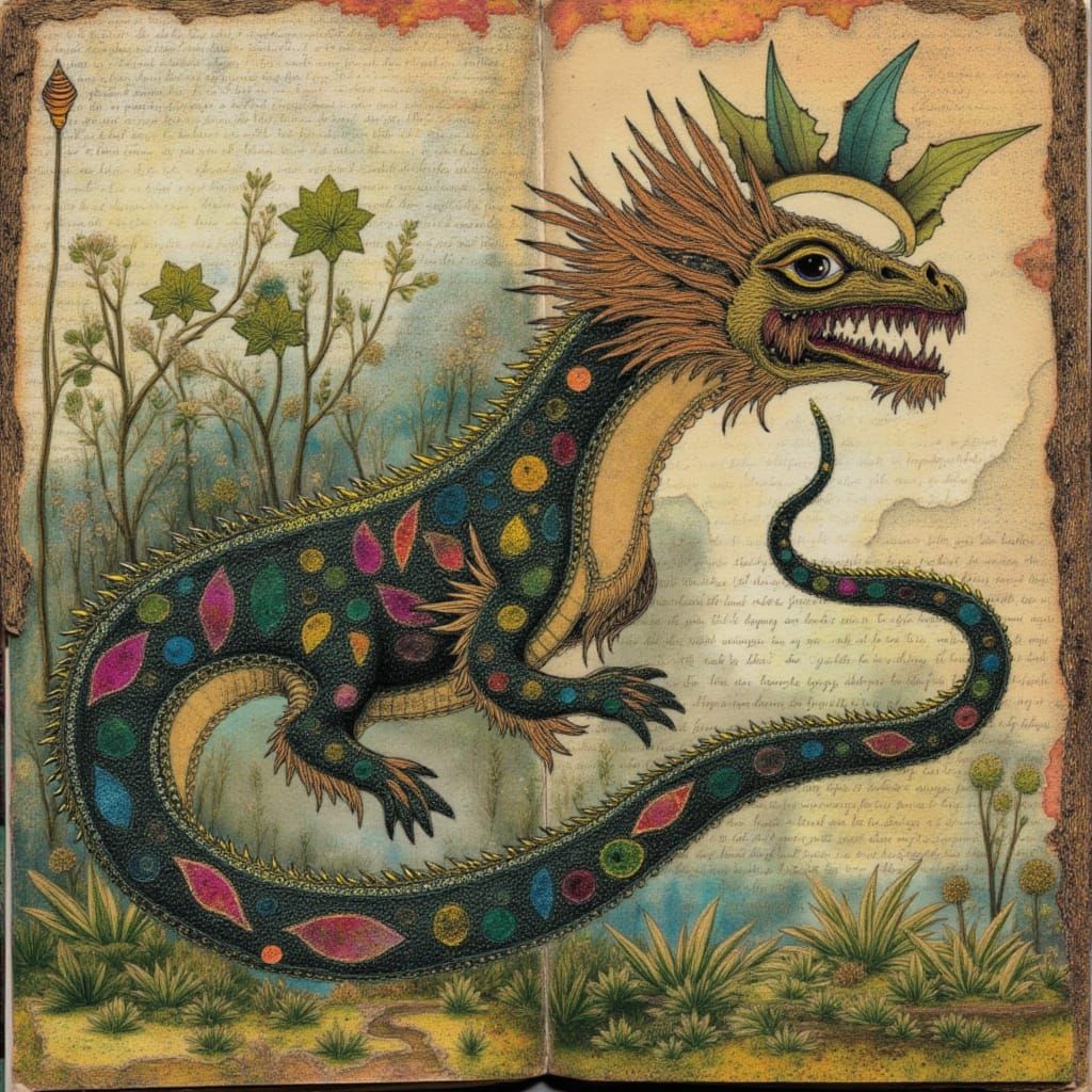 <lora:mixit:1.0> <lora:MJ Style:1.0> <lora:mmcollage:1.0> <lora:Scratch Art:1.0> A majestic rampant dragon dominates an elaborate, intricate...