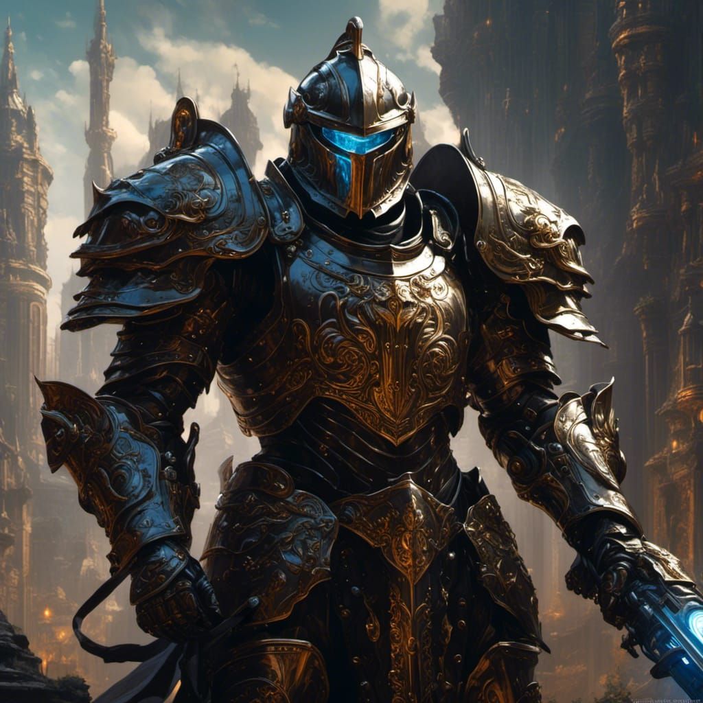 A futuristic medieval Paladin with mech armor