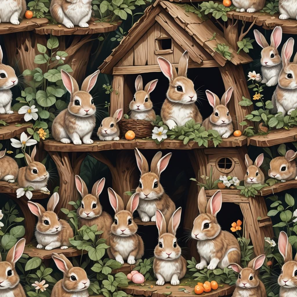 Multiple cute rabbits in their forest house