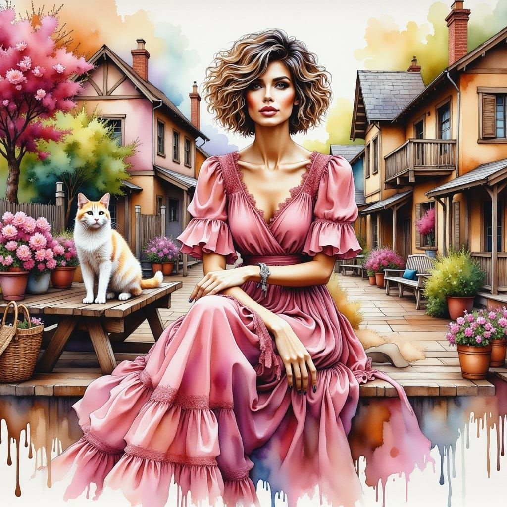 <lora:WatercolorPaintiFlux:1.0> stunning woman, short wavy hair, pink boho style dress, sitting on a wooden bench in front of the house, the...