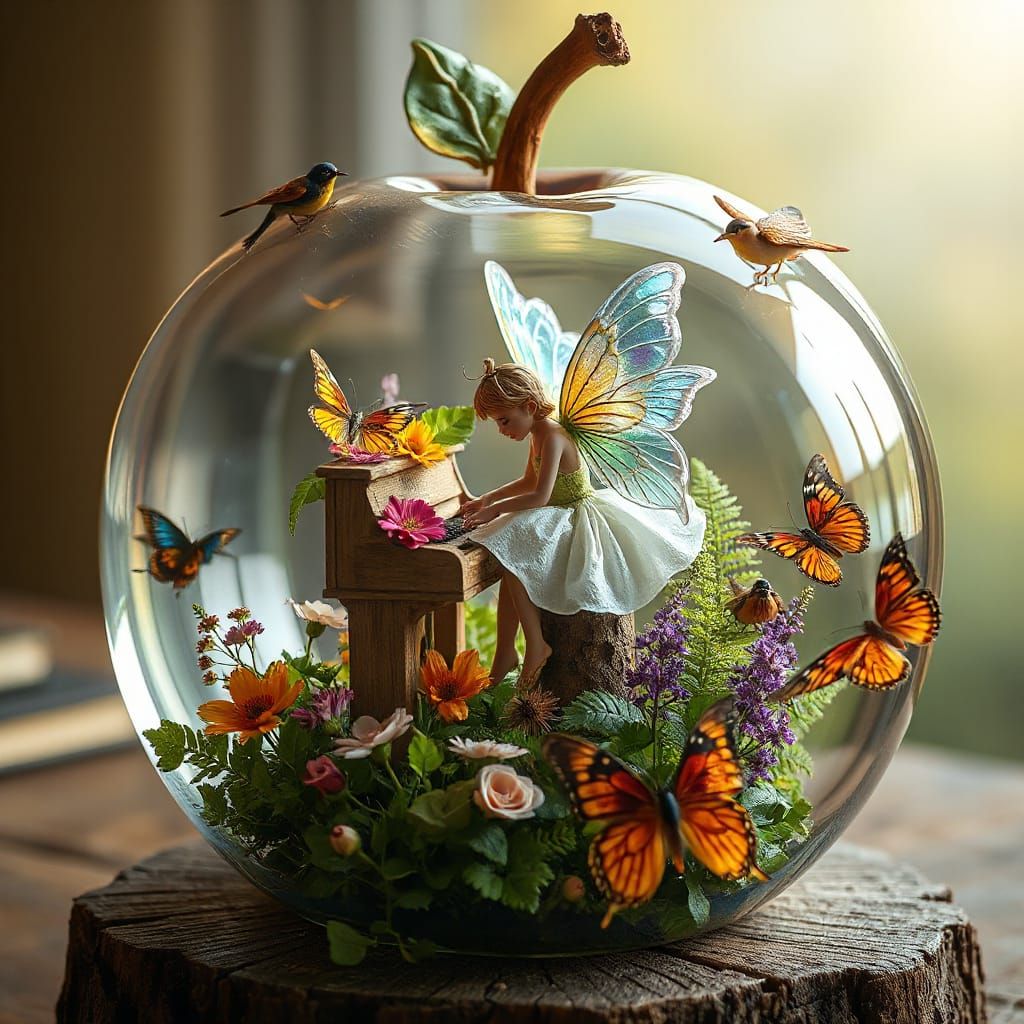 A huge transparent resin apple, intricately detailed, contains a fairy with iridescent wings, sitting ...  by @Sergio IA