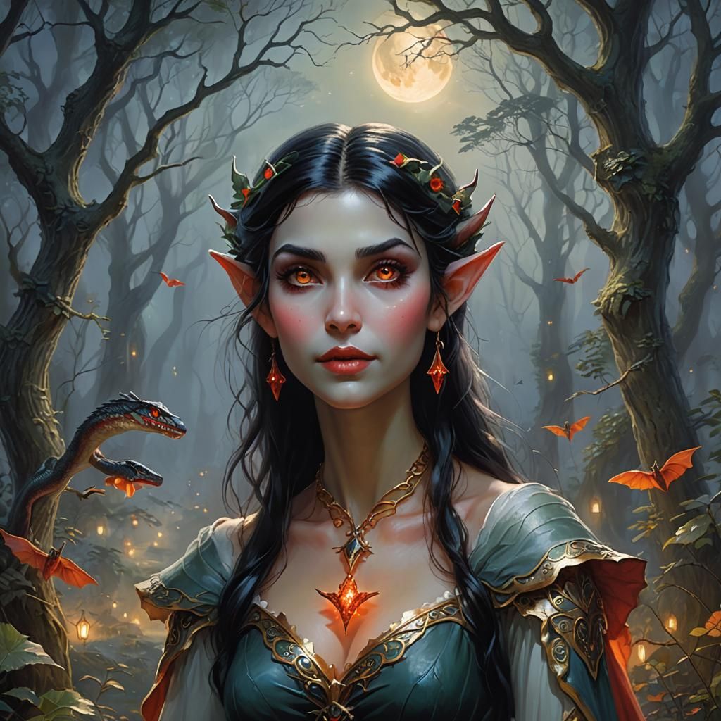 The face of the elf woman is doll-like but she has vampire t...