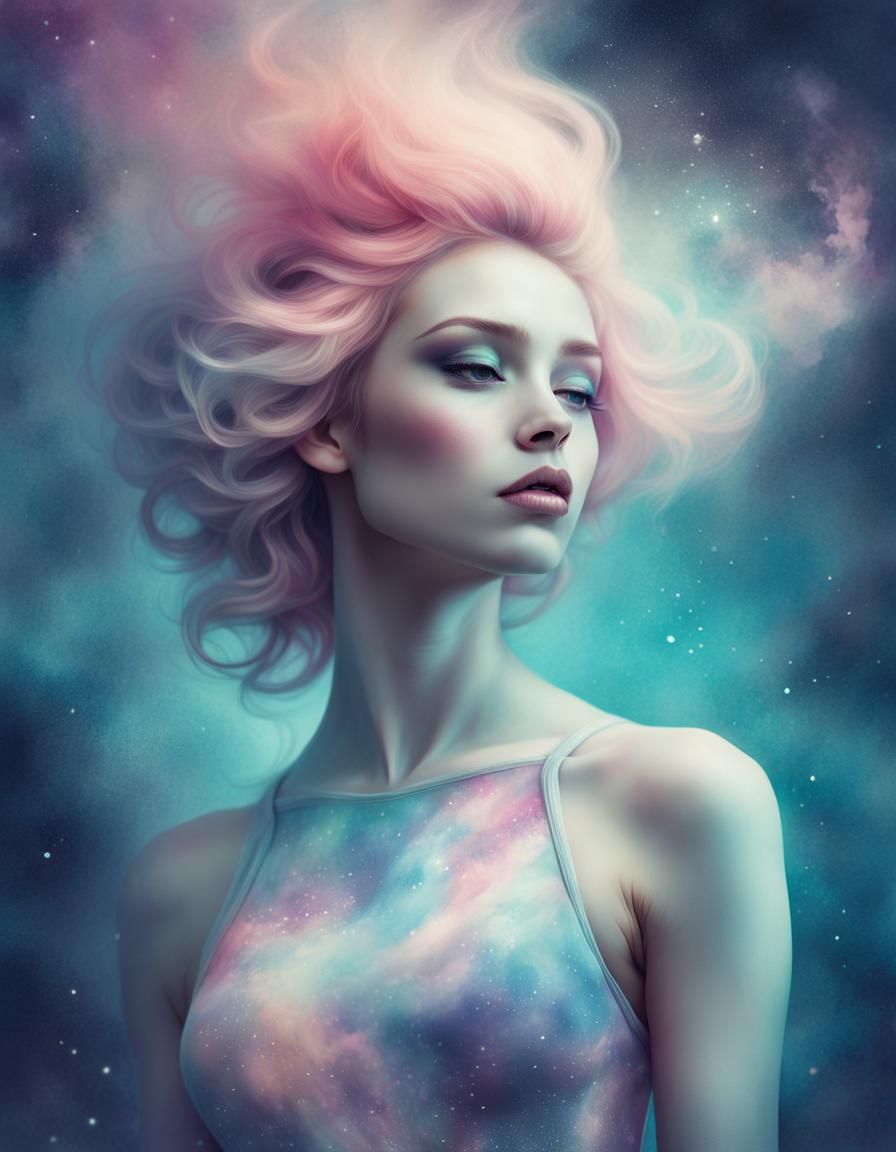 hyperrealistic art mysterious nebula girl as thought by Anna Dittmann in a lost postpunk pastel color world, small detai...