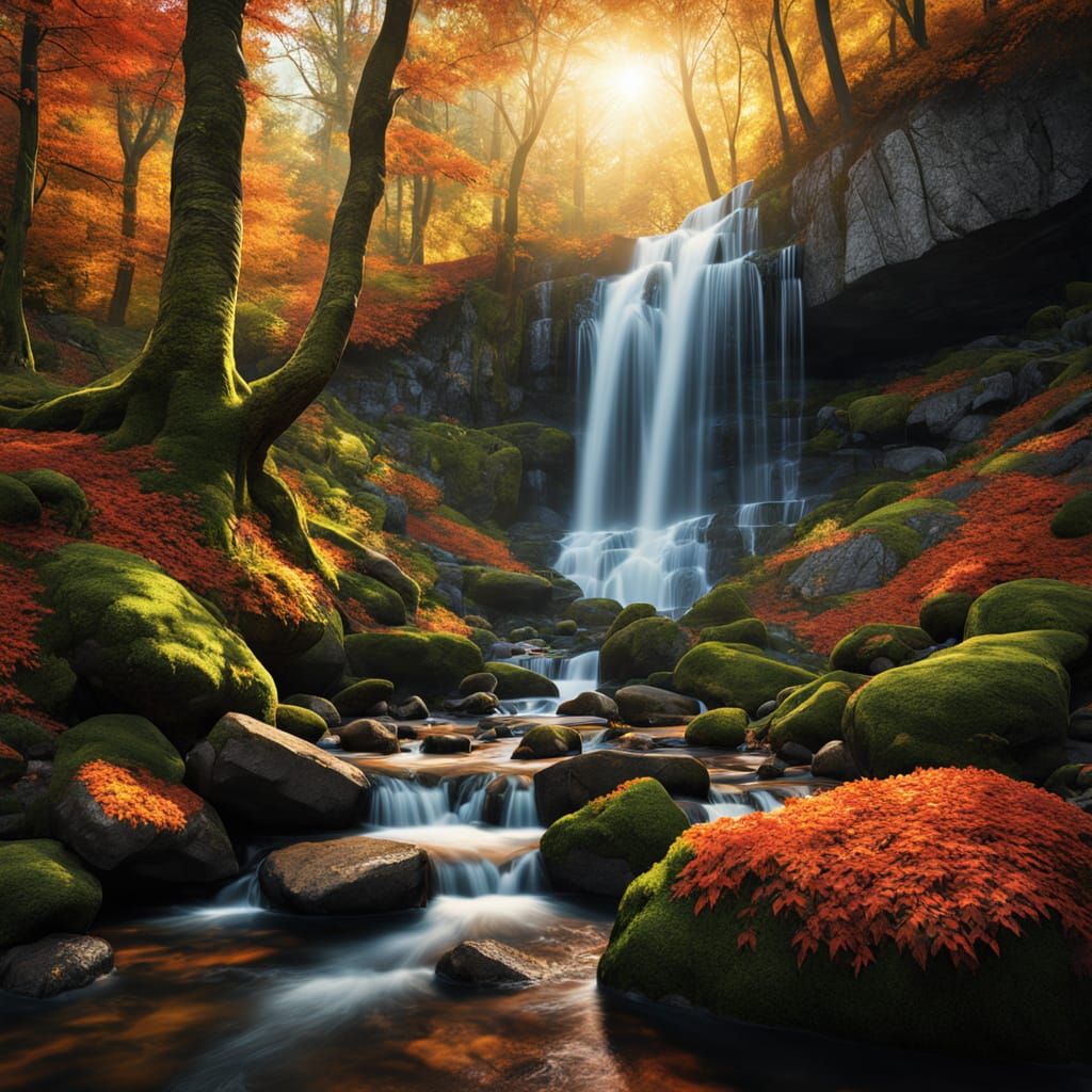 A hyper-realistic photograph, depicting a forest waterfall. The waterfall is on the left, forest right. The cataract falls upon colorful sto...