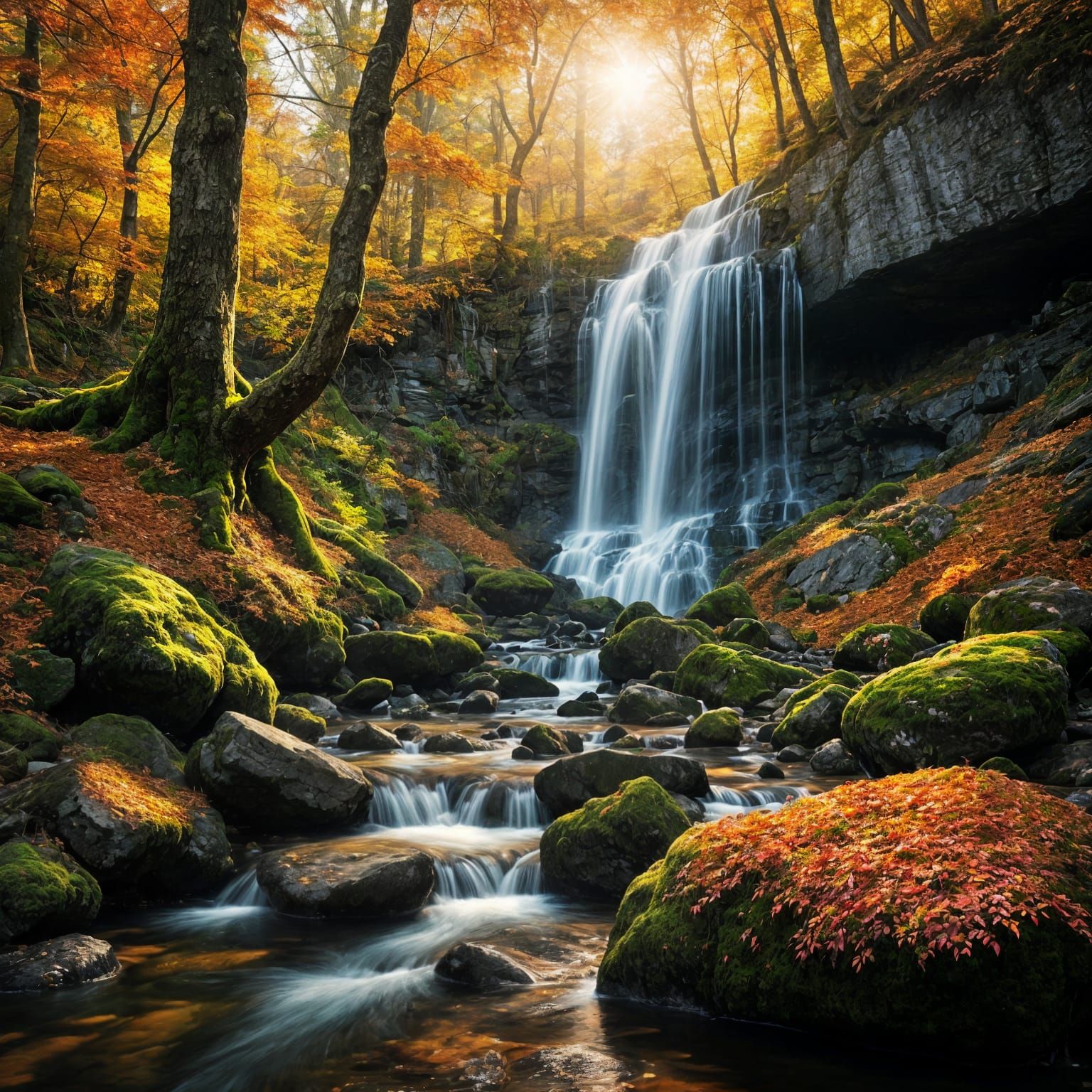 A hyper-realistic photograph, depicting a forest waterfall. The waterfall is on the left, forest right. ...  by @Tom Morgan