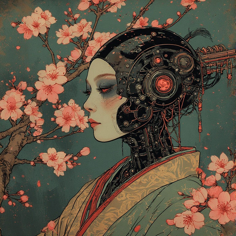 Cyborg With Cherry Blossoms