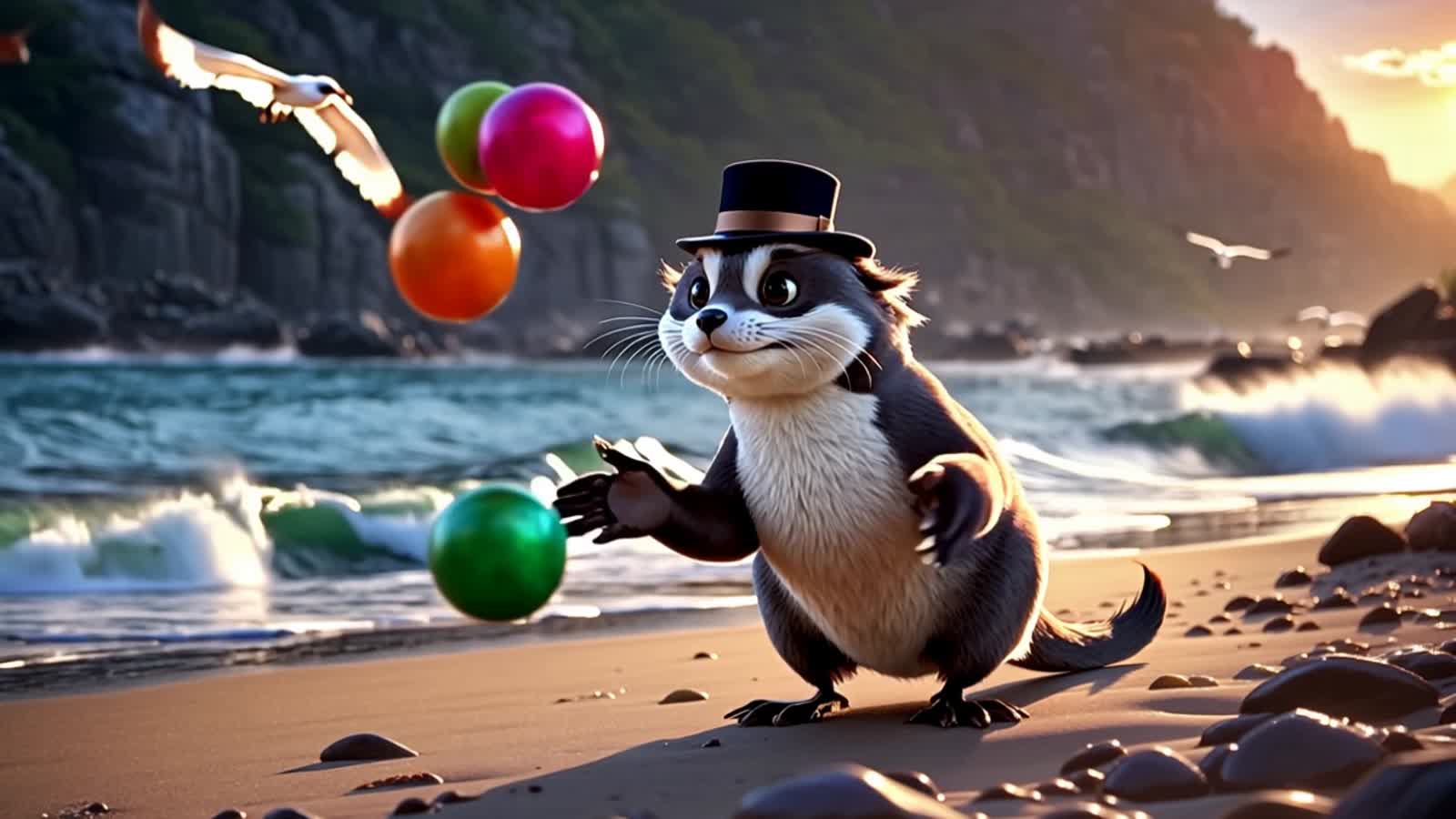 Envision a playful otter wearing a tiny top hat and monocle, juggling colorful balls on a rocky beach, with crashing wav...