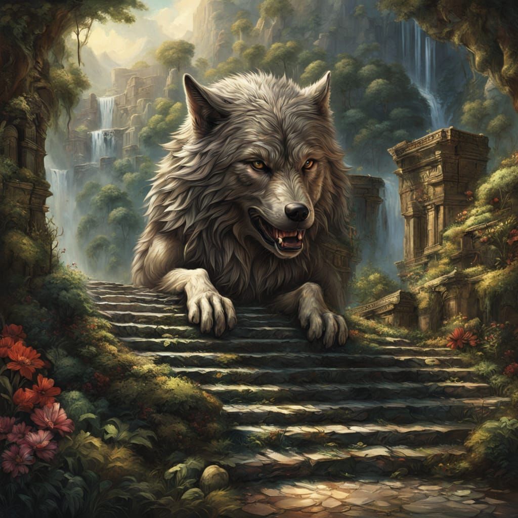 A surreal fantasy scene of a colossal wolf emerging from a lush jungle mountain, its body seamlessly merging with ancient temple ruins overg...