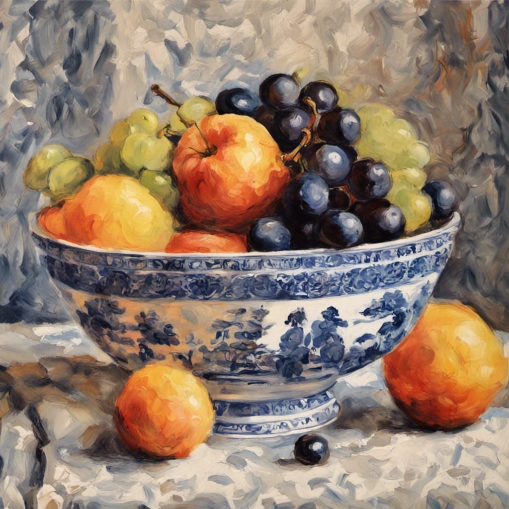 willow pattern bowl full of fruit still life impressionistic
  by @Henley Santa