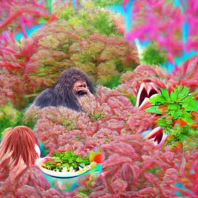 Bigfoot eating a bush colorful beautiful 8K 3D anime