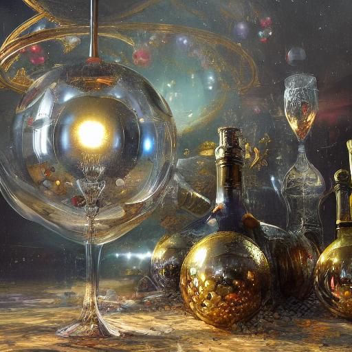 Light bulbs wine bottles spheres beads of black pearls
